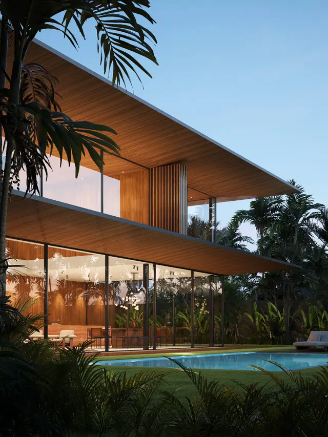 One of Two Black-Wood and Volcanic-Stone Villas